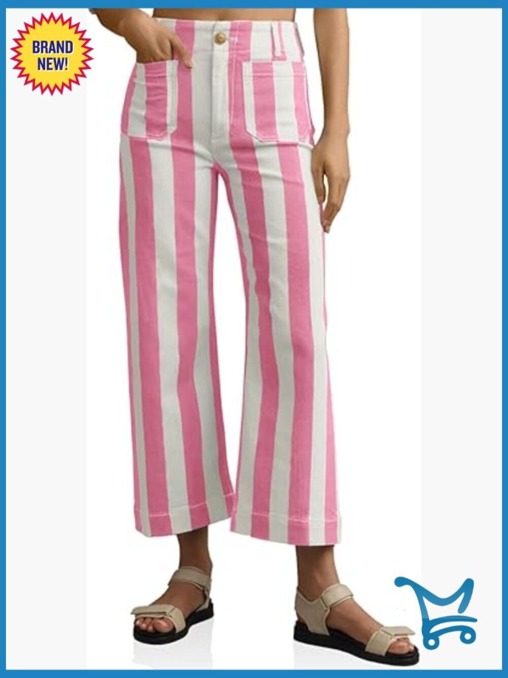 High Waisted Cropped Striped Jeans Straight Leg Denim Pants with Pockets